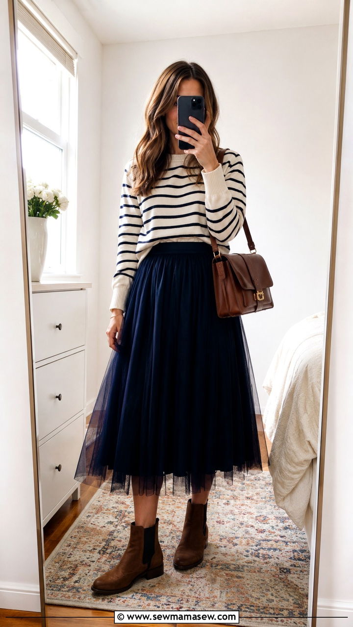 Navy Tulle Skirt with Striped Sweater and Chelsea Boots - 25 Tulle skirt outfit ideas with boots