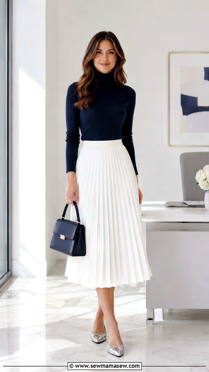 Navy Turtleneck Sweater With White Pleated Skirt - 30 Pleated skirt outfit ideas with a sweater