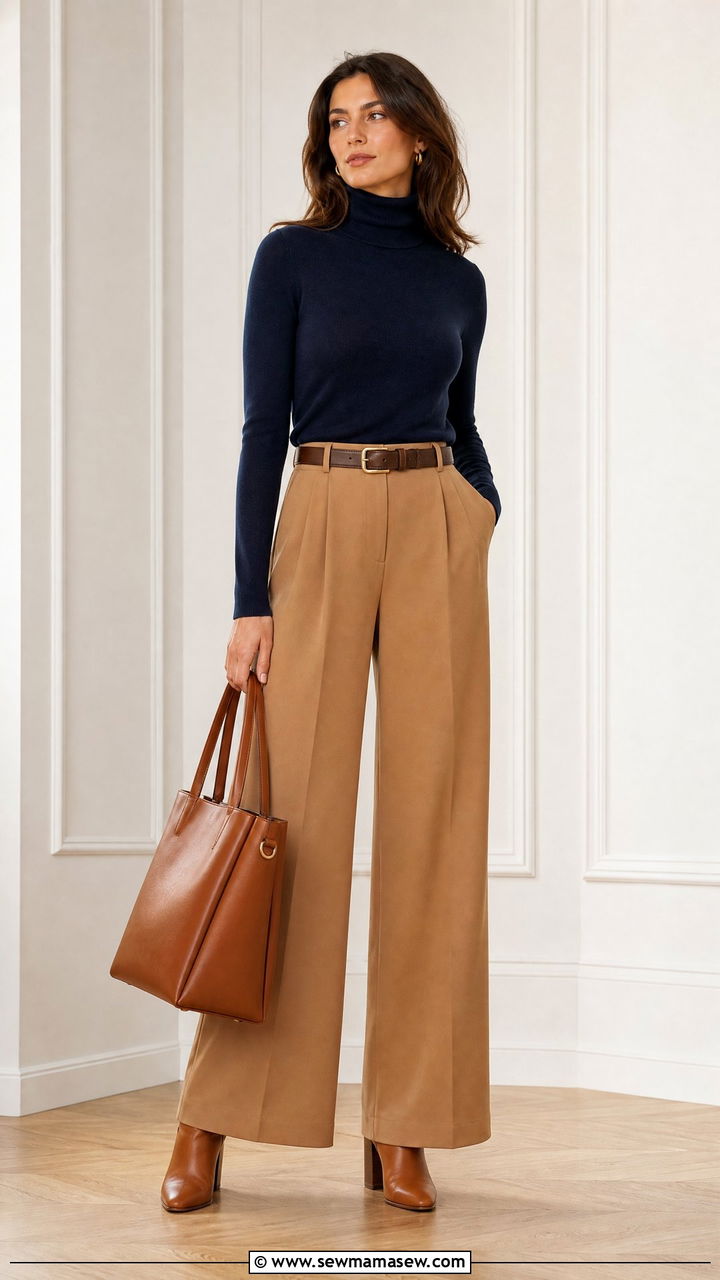 Navy Turtleneck With Camel Wide Leg Trousers - 35 Minimalist work outfits