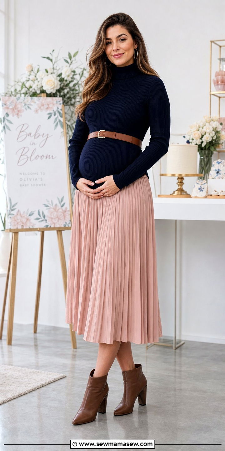 Navy Turtleneck and Pleated Midi Skirt Baby Shower Outfit - 35 Baby shower outfit ideas