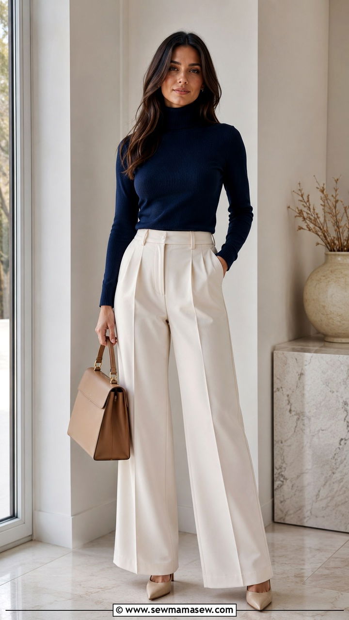 Navy Turtleneck with Cream Wide Leg Trousers Outfit - 30 navy outfit ideas for women