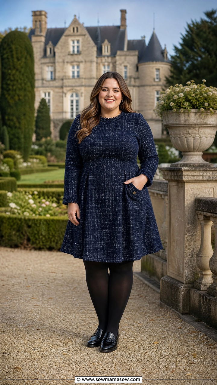 Navy Tweed Fit And Flare Dress With Loafers - 30 Plus size outfit ideas for family photos