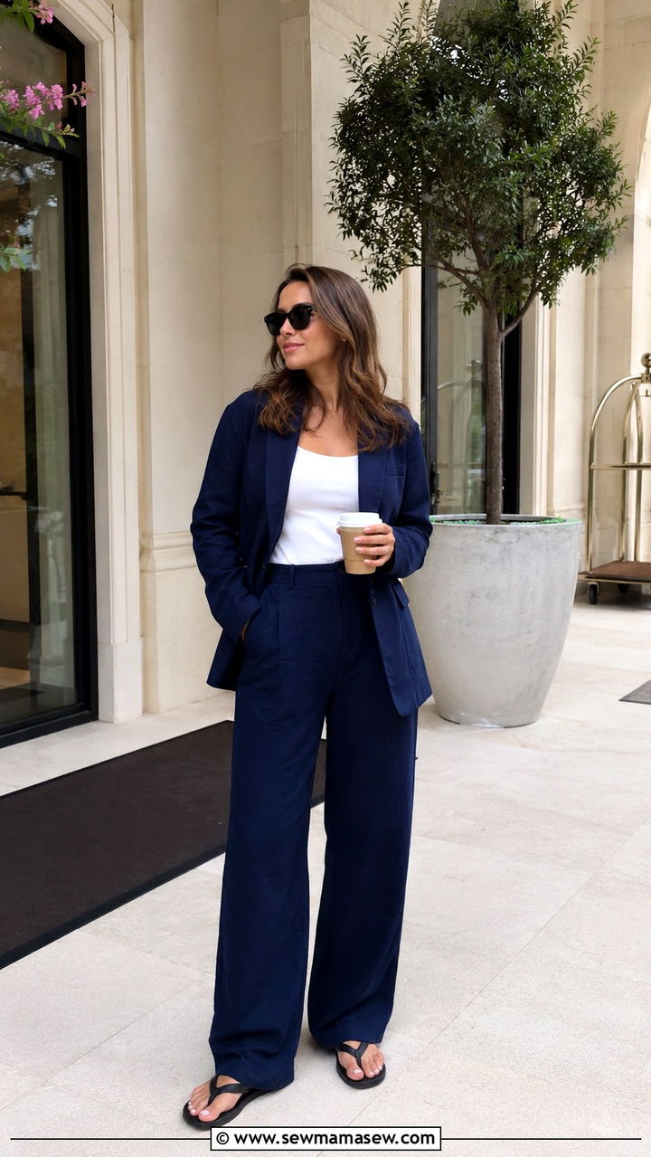 Navy Unstructured Suit with Flip Flops - 20 Zoe Kravitz summer outfit ideas