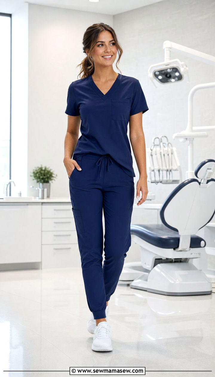 Navy V Neck Scrub Top With Jogger Scrub Pants And Supportive Sneakers - 25 Dental assistant outfit ideas