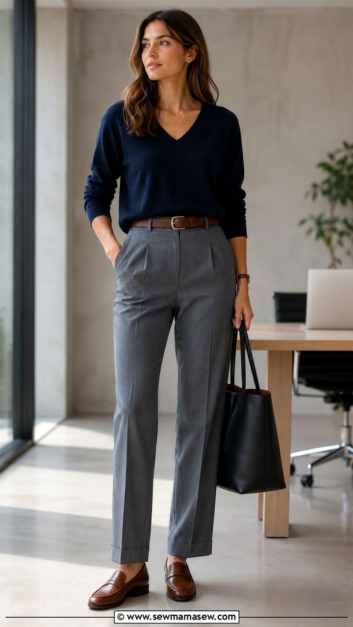 Navy V Neck Sweater and Gray Trousers - 30 minimalist outfit ideas for women