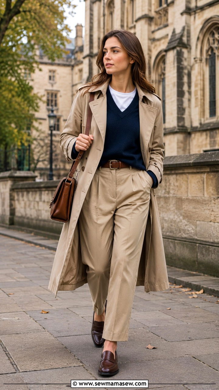 Navy V Neck Sweater with Khaki Trousers and Trench Coat - 25 Old money outfit ideas affordable