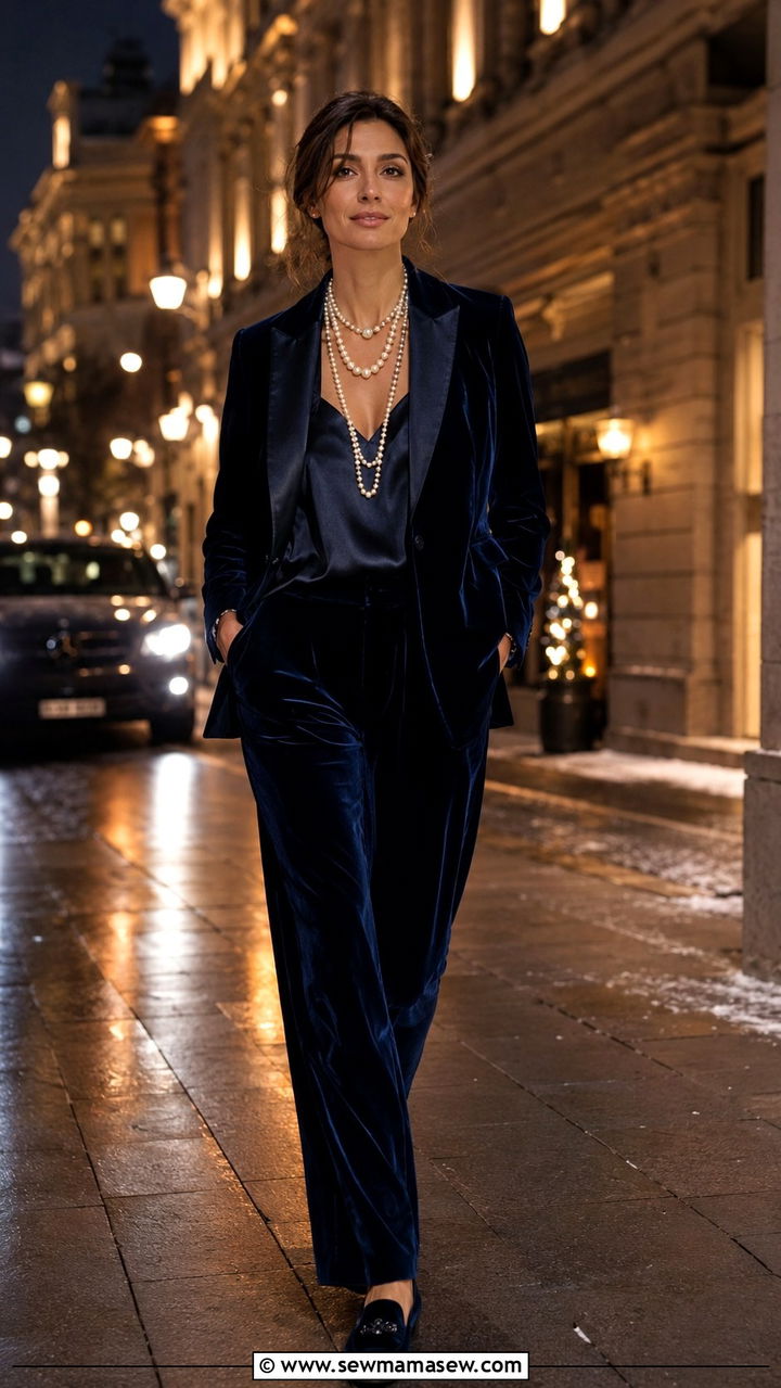 Navy Velvet Pantsuit With Pearl Accents - 25 Opera aesthetic outfit ideas