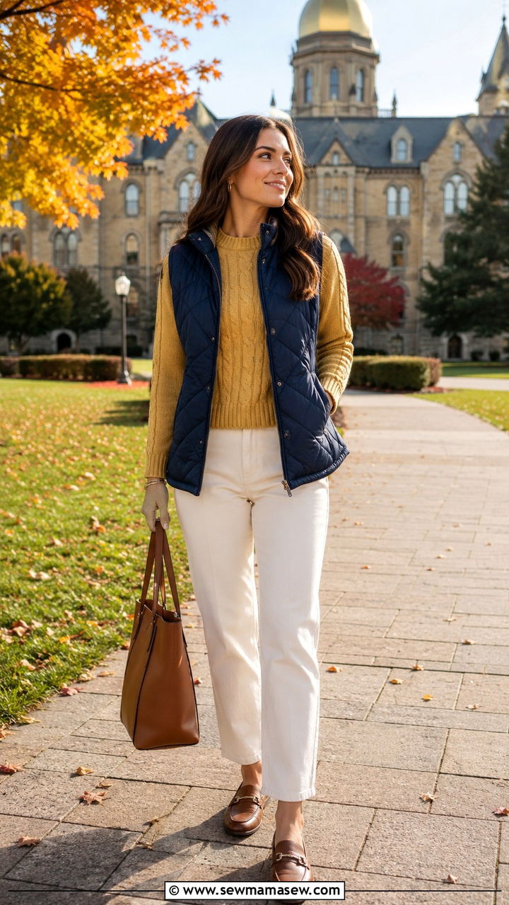 Navy Vest Over Gold Sweater Outfit - 20 Gameday outfit ideas Notre Dame
