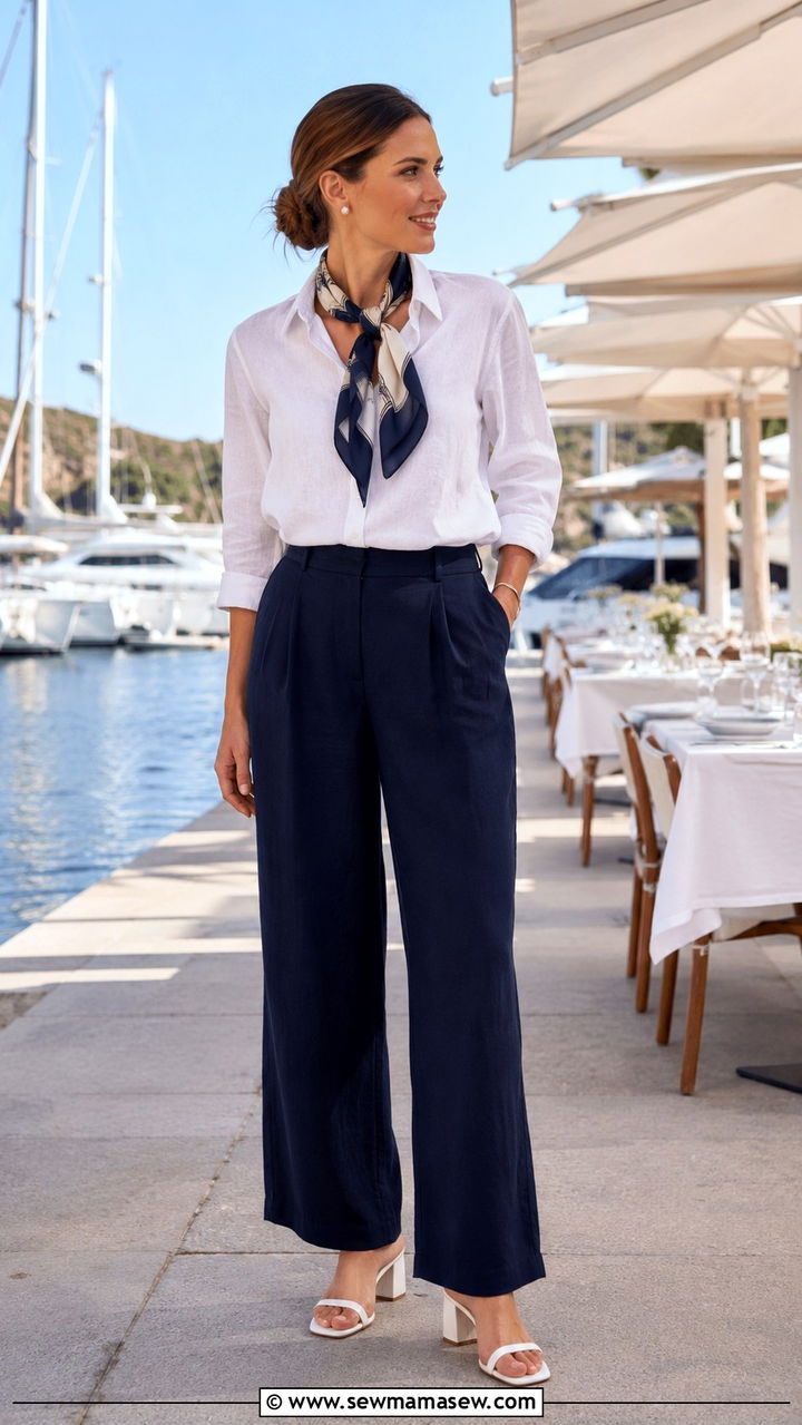 Navy Wide Leg Linen Pants With White Heeled Sandals - 25 Wide leg linen pants outfit ideas with heels