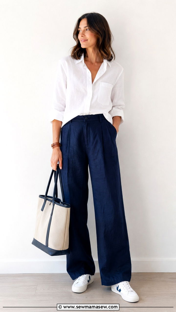 Navy Wide Leg Linen Pants With White Linen Shirt And Sneakers - 25 Wide leg linen pants outfit ideas with sneakers