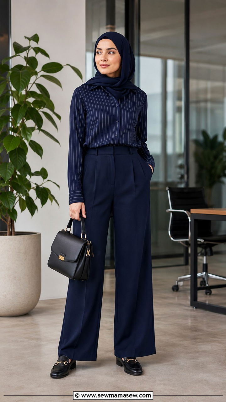 Navy Wide Leg Pants With Pinstripe Button Up Shirt - 30 Modest outfit ideas with wide leg pants