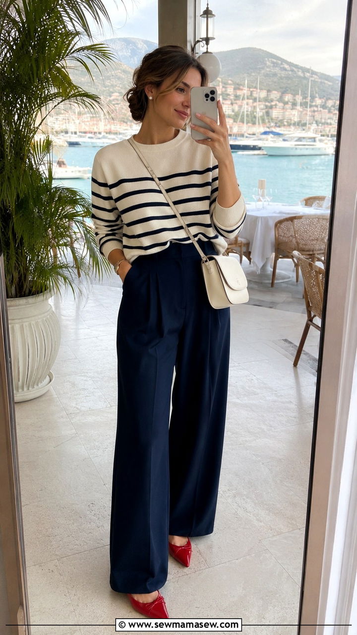 Navy Wide Leg Trousers With Striped Sweater - 30 Spring outfits with trousers