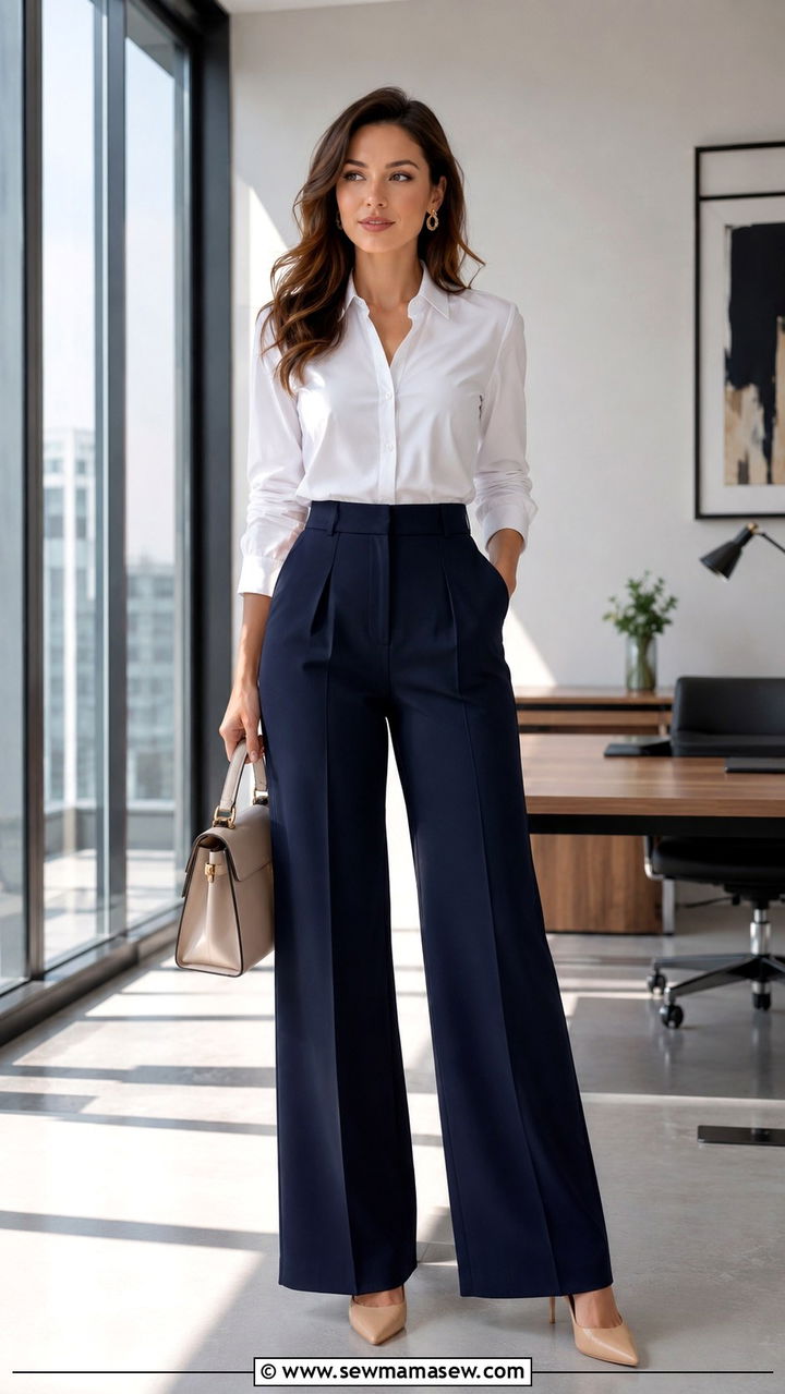 Navy Wide Leg Trousers with White Button Down Outfit - 30 navy outfit ideas for women