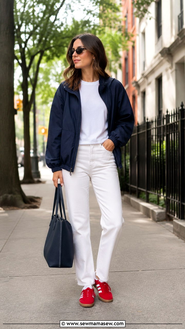 Navy Windbreaker Outfit With Optic White Trousers and Red Sneakers - 30 cute windbreaker outfits