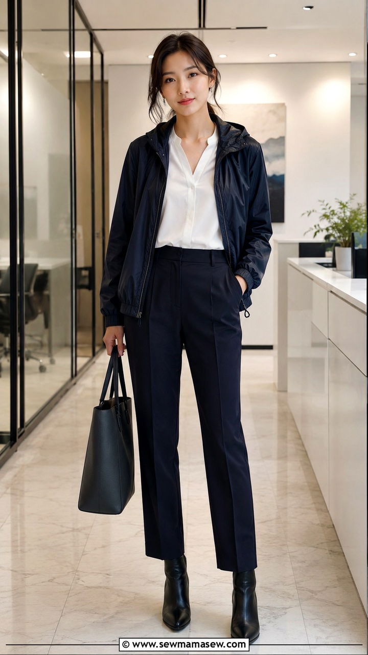 Navy Windbreaker Over Tailored Trousers For The Office - 30 casual windbreaker outfits