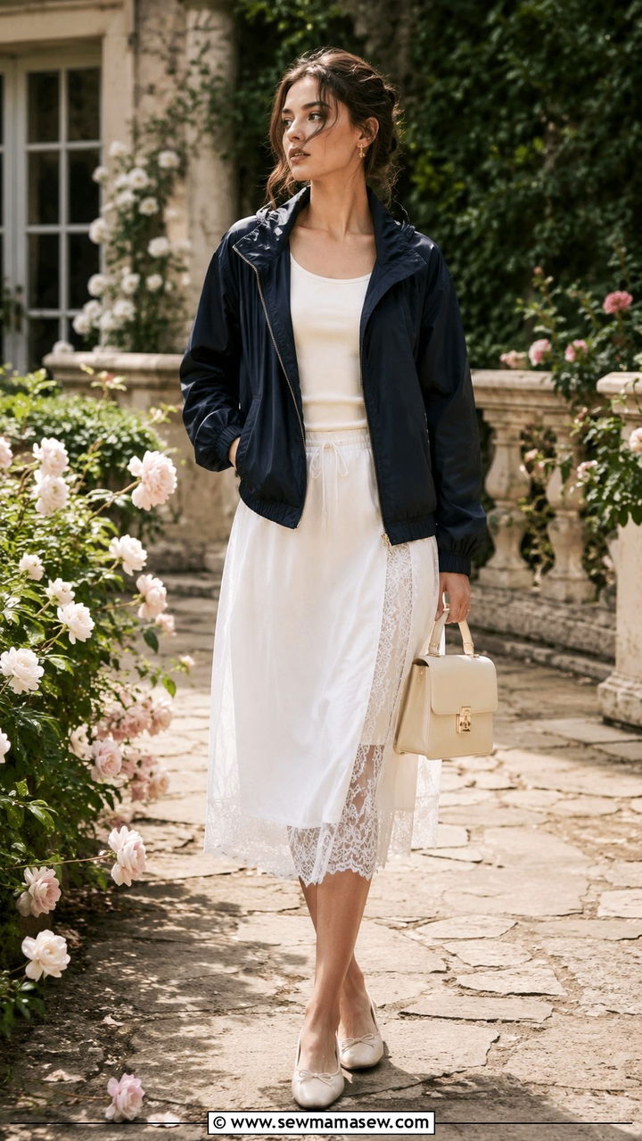 Navy Windbreaker With Lace Trim Midi Skirt - 25 windbreaker outfits 2026