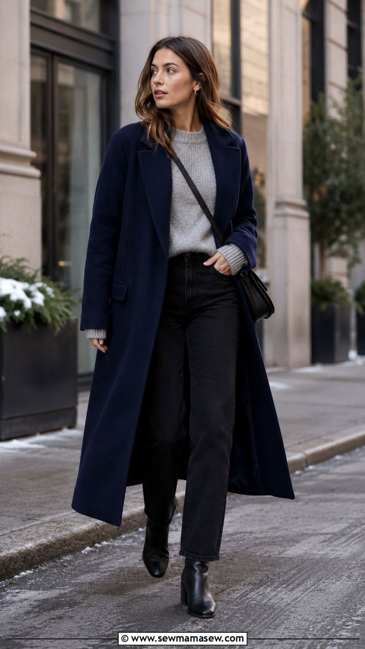 Navy Wool Coat with Grey Sweater and Black Jeans Outfit - 30 navy outfit ideas for women