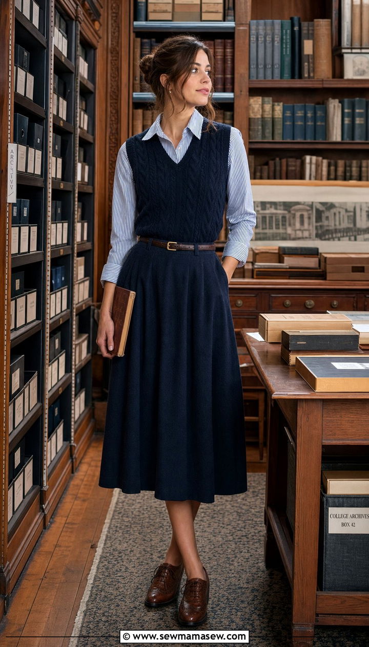 Navy Wool Skirt with Striped Button Down and Cable Knit Vest and Brogues - 25 classy light academia outfits