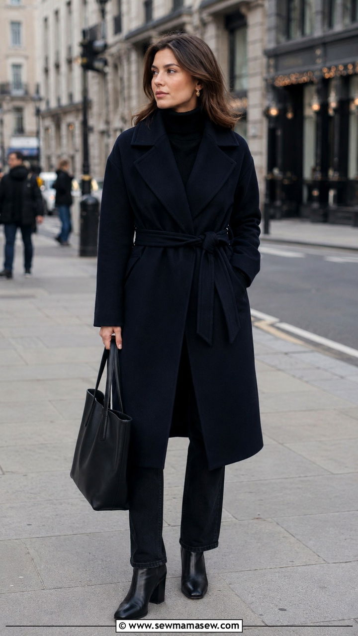 Navy Wrap Coat With Black Turtleneck And Black Denim - 30 classy outfits aesthetic