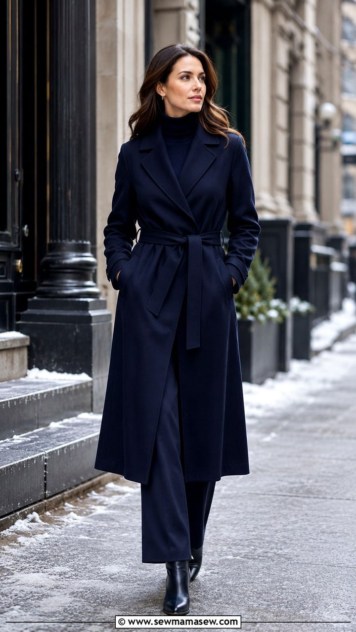 Navy Wrap Coat and Turtleneck With Straight Leg Pants - 30 Monochromatic navy outfits