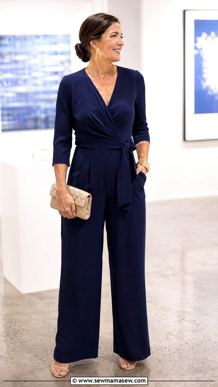 Navy Wrap Jumpsuit with Sandals - 30 Quiet luxury outfits for women over 50