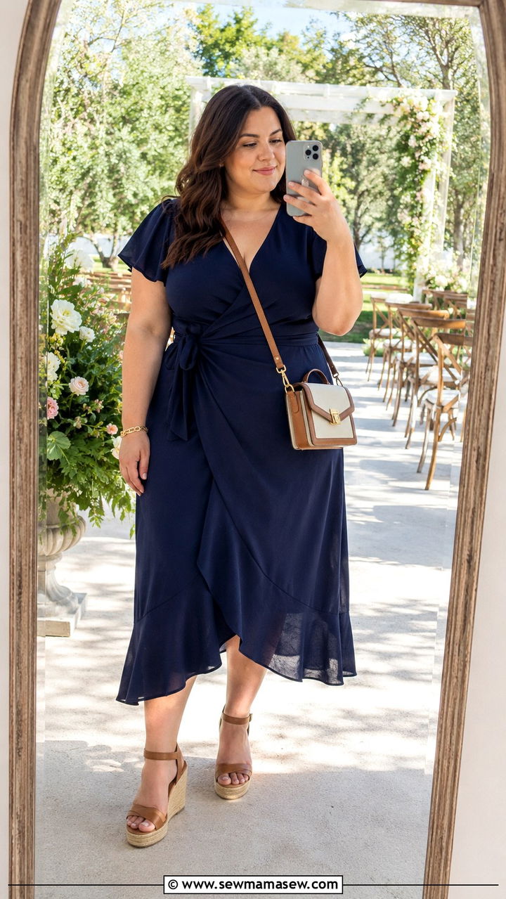 Navy Wrap Midi Dress With Espadrille Wedges - 25 Wedding guest outfit ideas size 22
