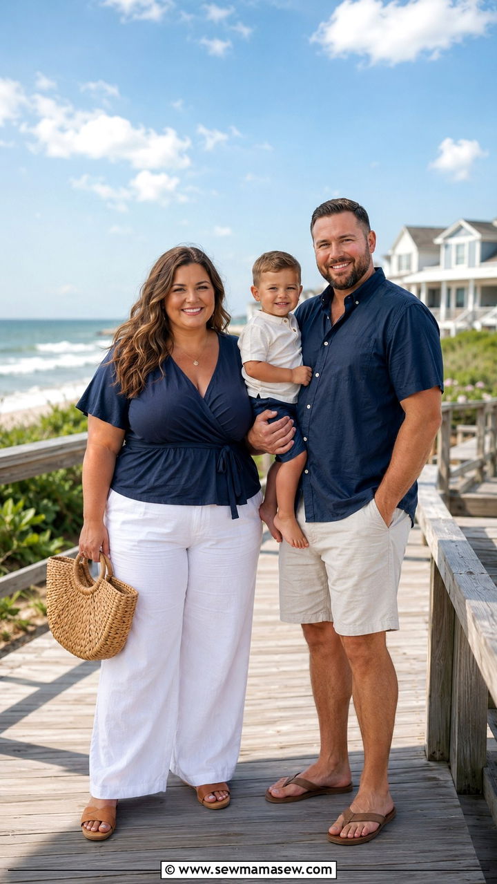 Navy Wrap Top With White Linen Pants - 30 Plus size outfit ideas for family photos