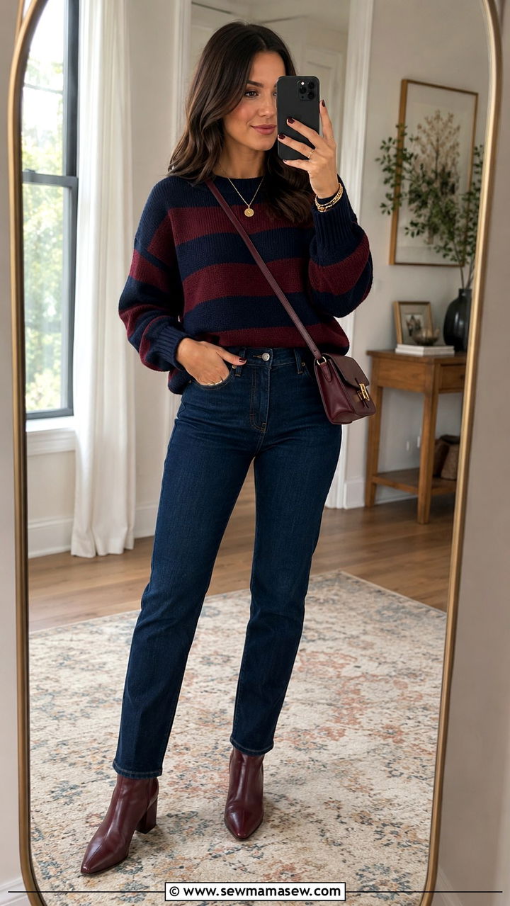 Navy and Burgundy Striped Sweater with Jeans - 25 Navy and burgundy outfit ideas