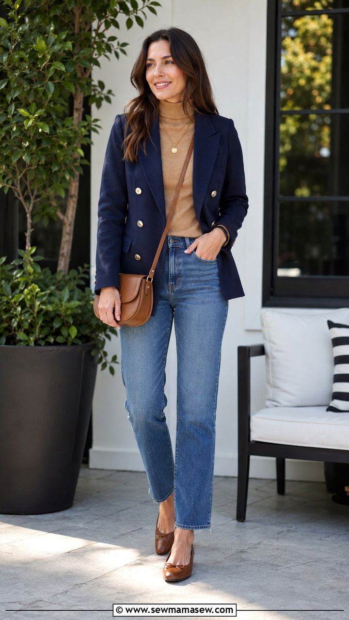 Navy and Camel Layered Look with Gold Jewelry - 30 Spring outfits in neutral