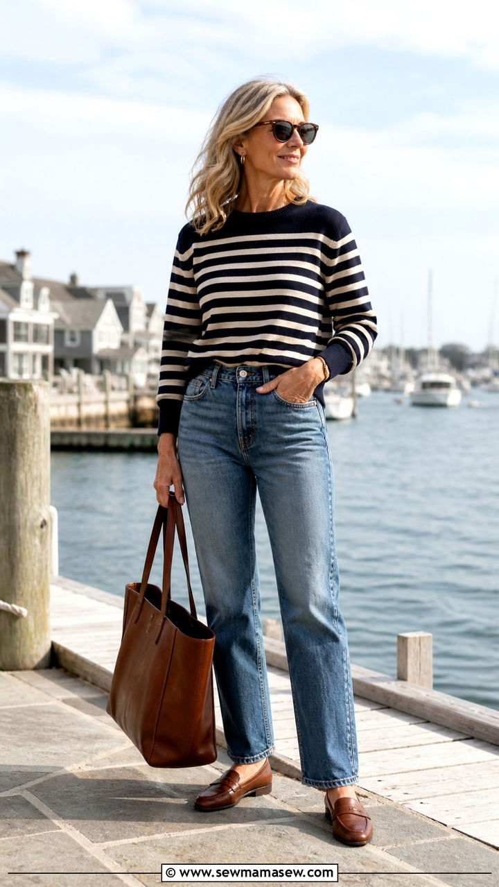 Navy and Cream Striped Sweater with Straight Leg Jeans Outfit - 40 coastal grandmother outfits