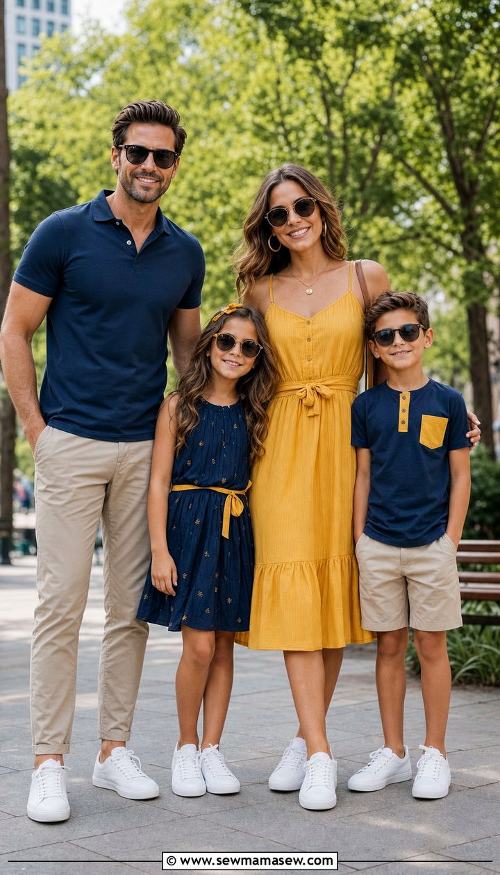 Navy and Mustard Yellow Family Photo Outfits in an Urban Park - 25 Family photo outfit ideas summer 2026