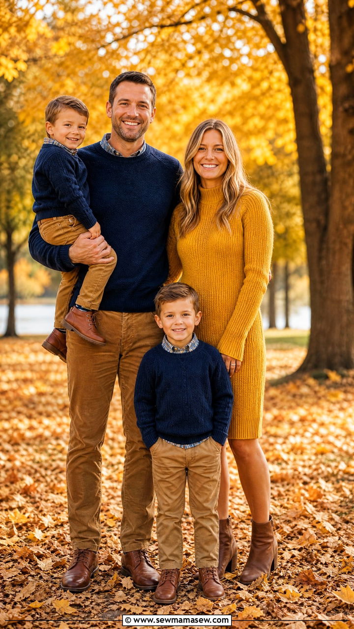Navy and Mustard Yellow Outfits for Fall Leaves Backdrops - 30 Family photoshoot outfit ideas