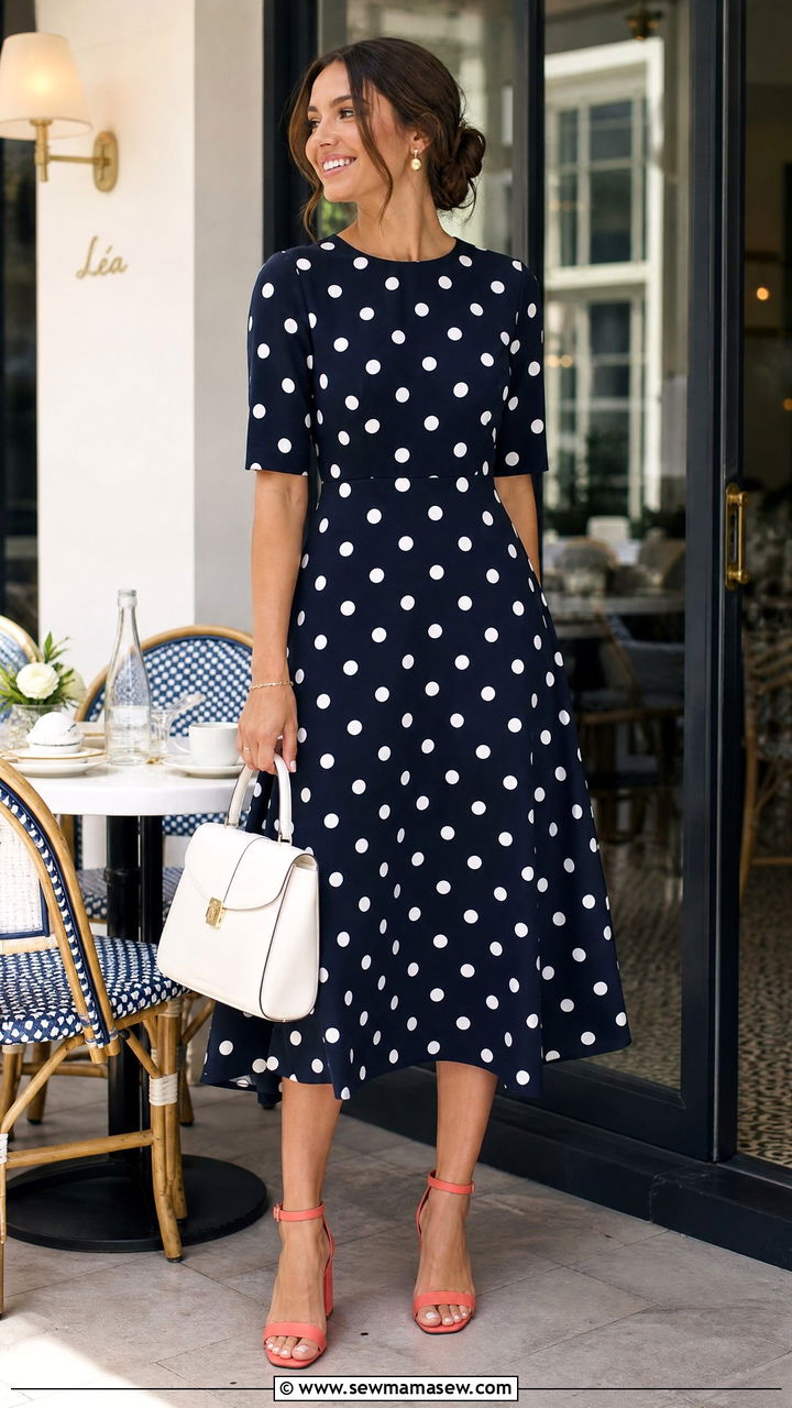 Navy and White Polka Dot Midi Dress - 25 modest bridal shower outfit ideas