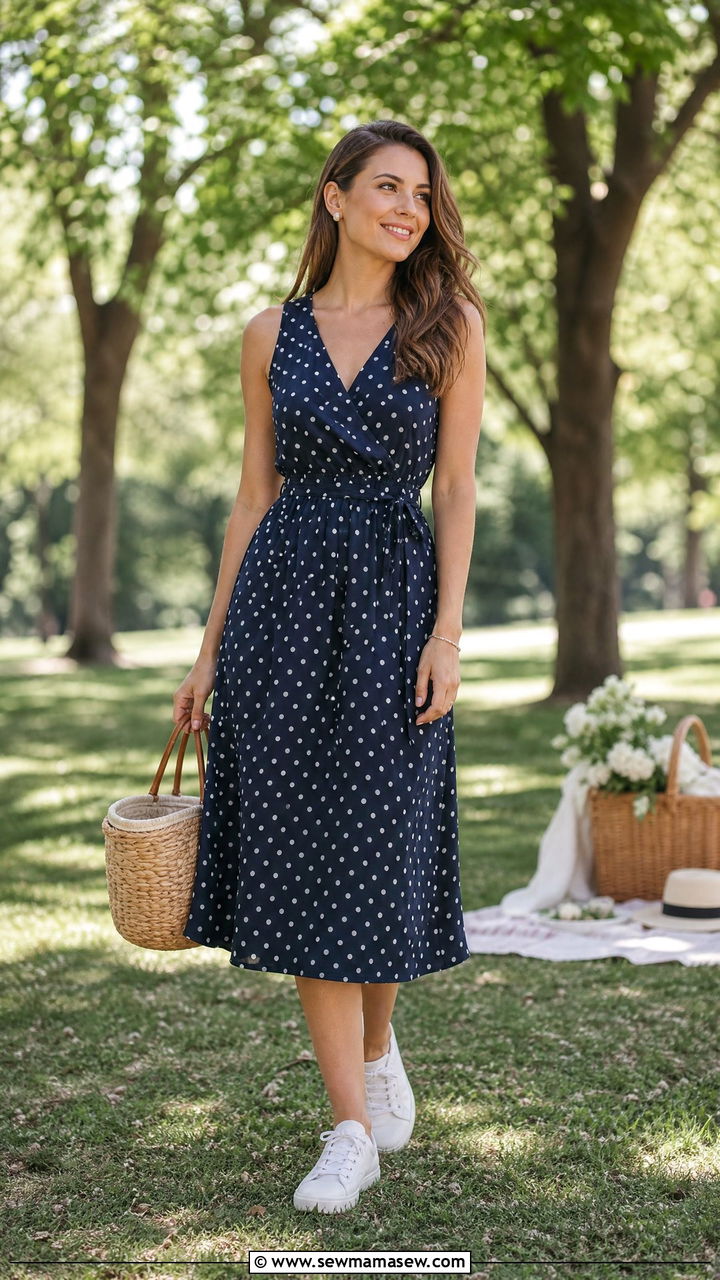 Navy and White Polka Dot Midi Dress - 30 summer navy outfit ideas