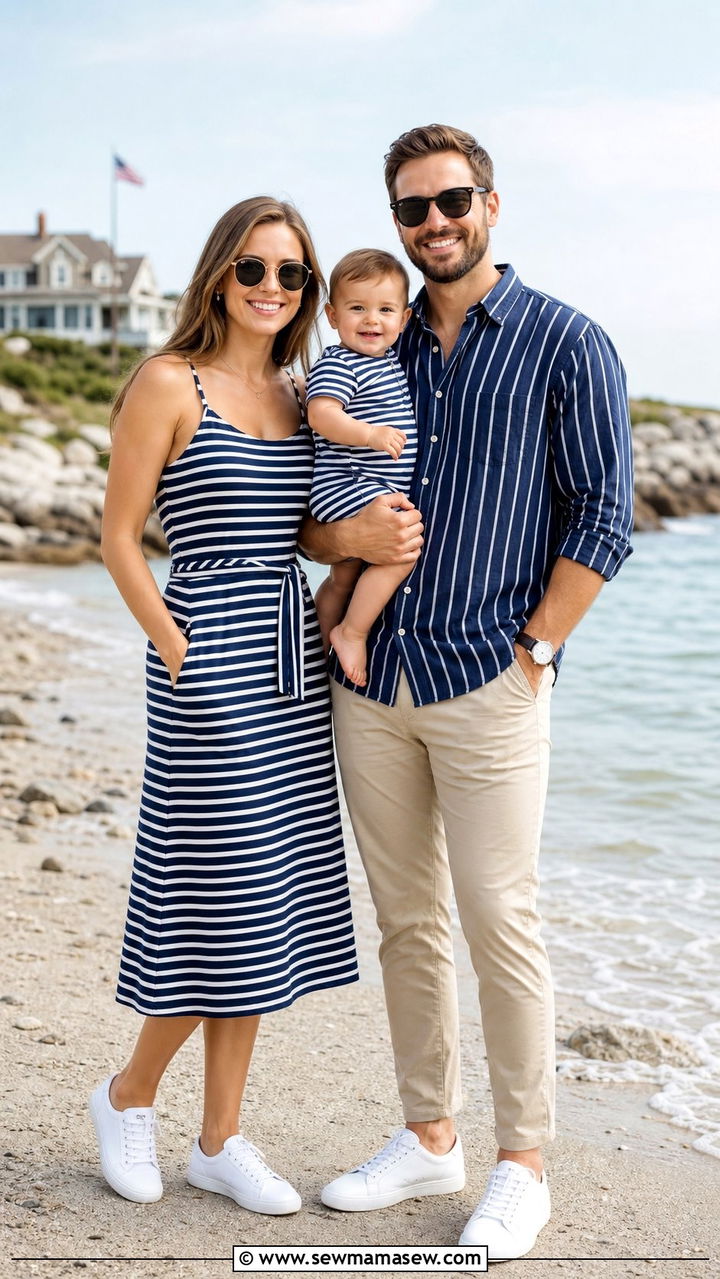 Navy and White Stripe Coordinated Family Outfit With Toddler - 25 Family photo outfit ideas with toddler