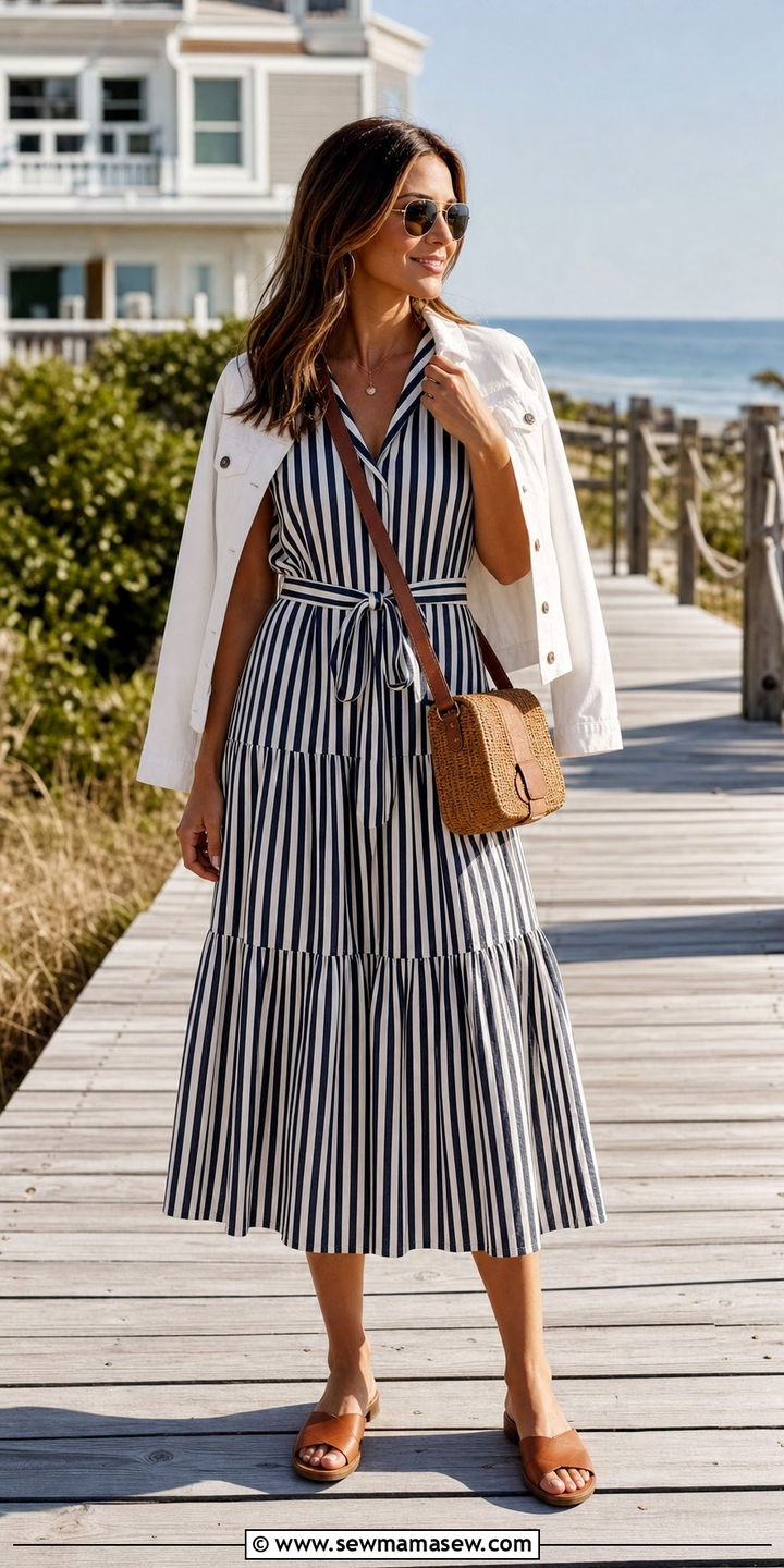 Navy and White Striped Midi Dress Outfit - 25 Summer outfits in neutral