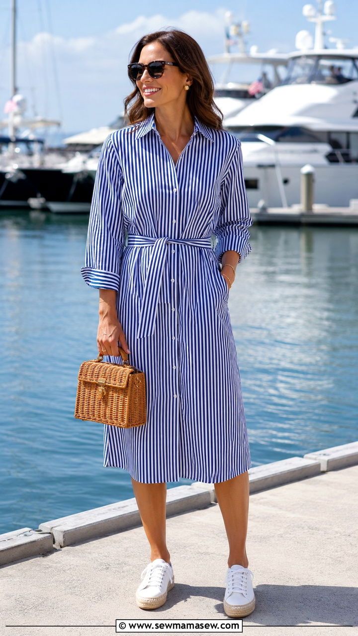 Navy and White Striped Shirtdress Outfit - 30 Mid summer outfits