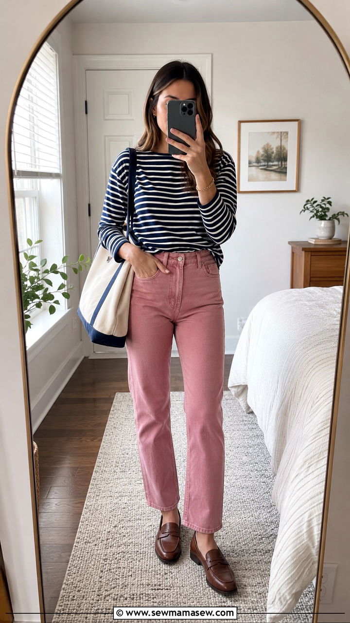 Navy and White Striped Top With Pink Jeans and Loafers - 30 Pink jeans outfit ideas