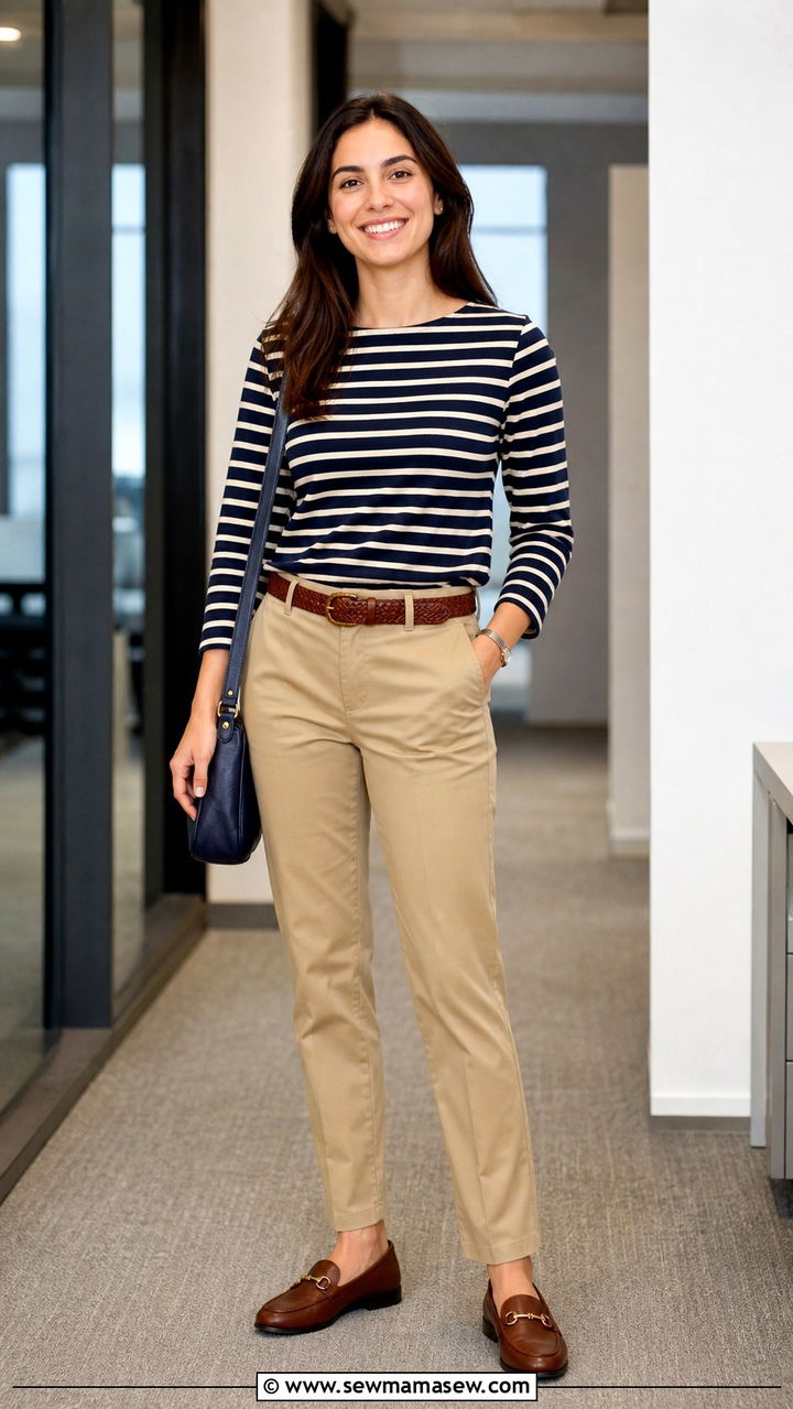 Navy and cream striped shirt with khaki pants - 40 classy office outfits