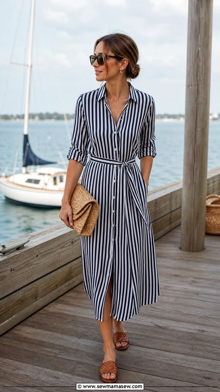 Navy and white striped midi dress sailing outfit - 25 Sailboat outfit ideas
