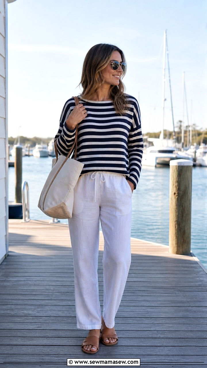 Navy and white striped sweater with white linen pants - 40 Coastal spring outfits
