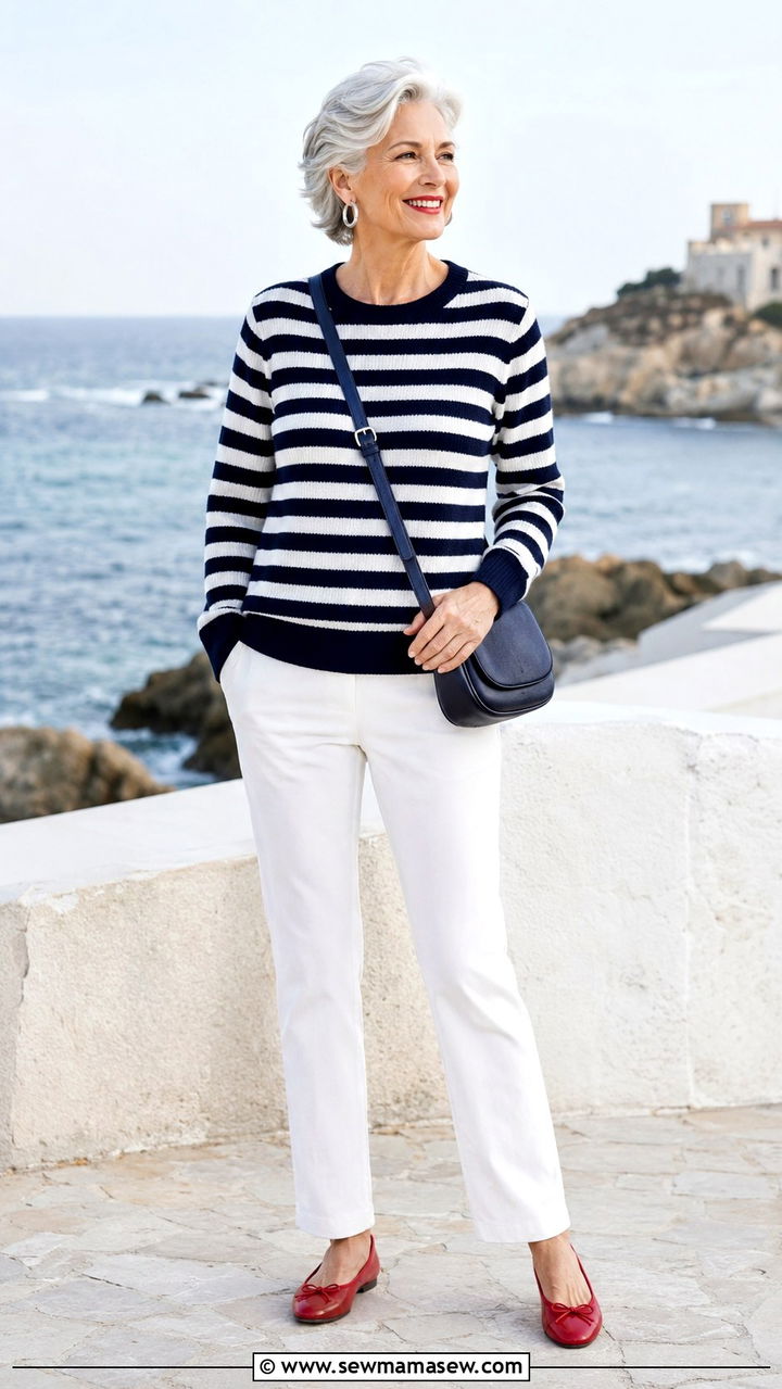 Navy and white striped sweater with white trousers - 25 Modest outfits for women over 60