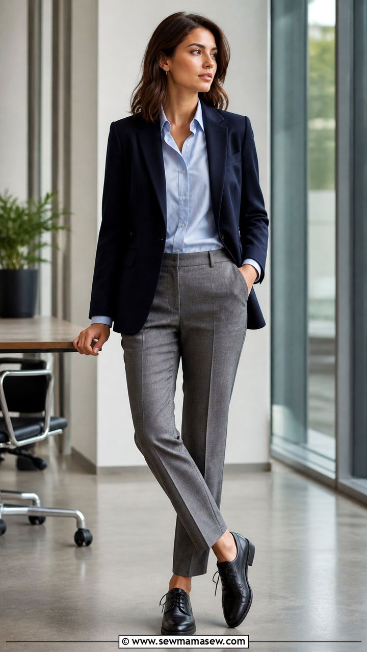 Navy blazer and grey trousers outfit - 40 office outfits