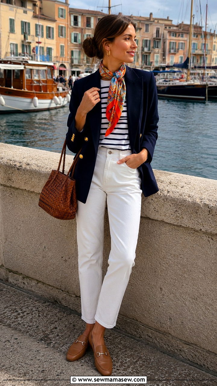 Navy blazer and silk scarf look - 25 Old money outfit ideas with silk scarf