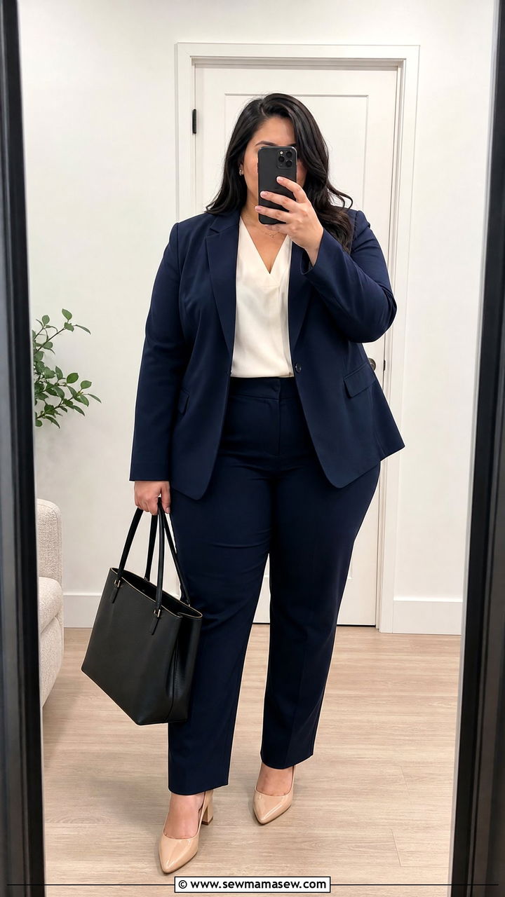 Navy blazer and straight leg trousers interview outfit - 25 Interview outfit ideas plus size