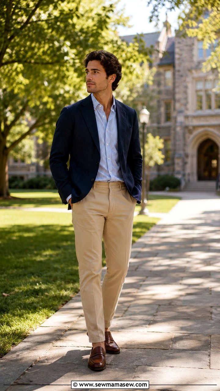 Navy blazer over a striped shirt with slim chinos - 20 Startup founder outfit ideas
