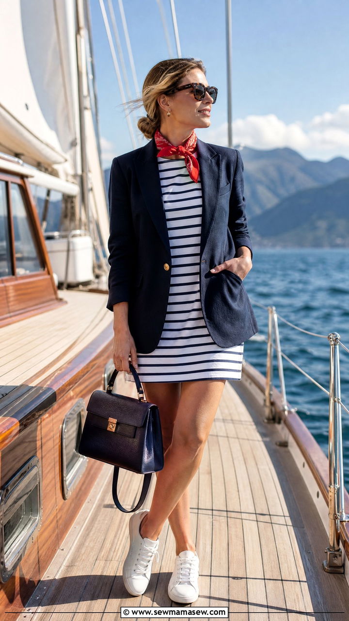 Navy blazer over striped dress - 30 Summer boat day outfit ideas