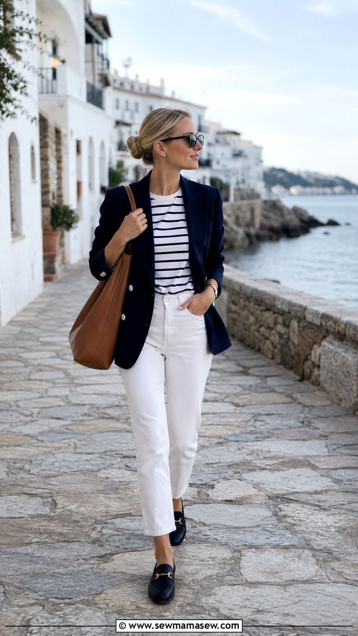 Navy blazer over striped tee and white jeans travel outfit - 30 Minimalist outfit ideas for travel
