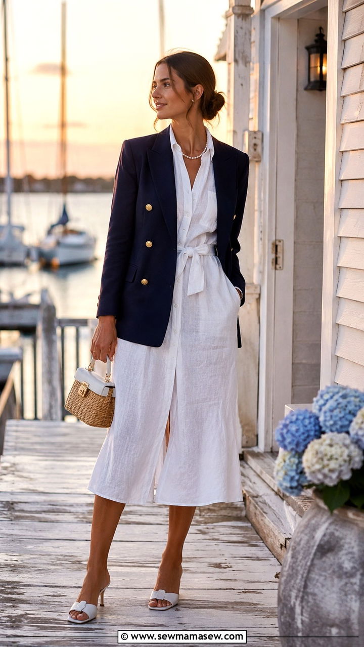 Navy blazer over white dress outfit - 30 Nantucket outfit ideas