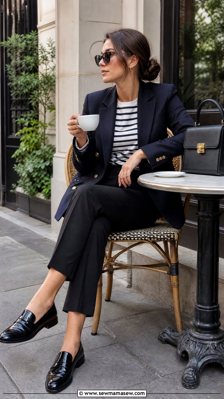 Navy blazer striped tee and cropped trousers - 25 French girl outfit ideas for travel
